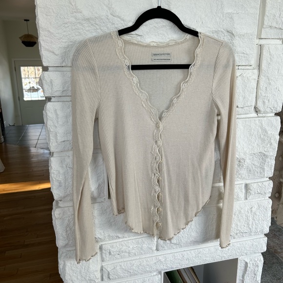 UO Urban Outfitters Lace Trim Ribbed Dainty Cream Cardigan - Picture 2 of 9